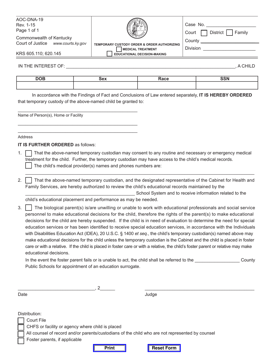 Form AOC-DNA-19 Temporary Custody Order  Order Authorizing Medical Treatment / Educational Decision-Making - Kentucky, Page 1