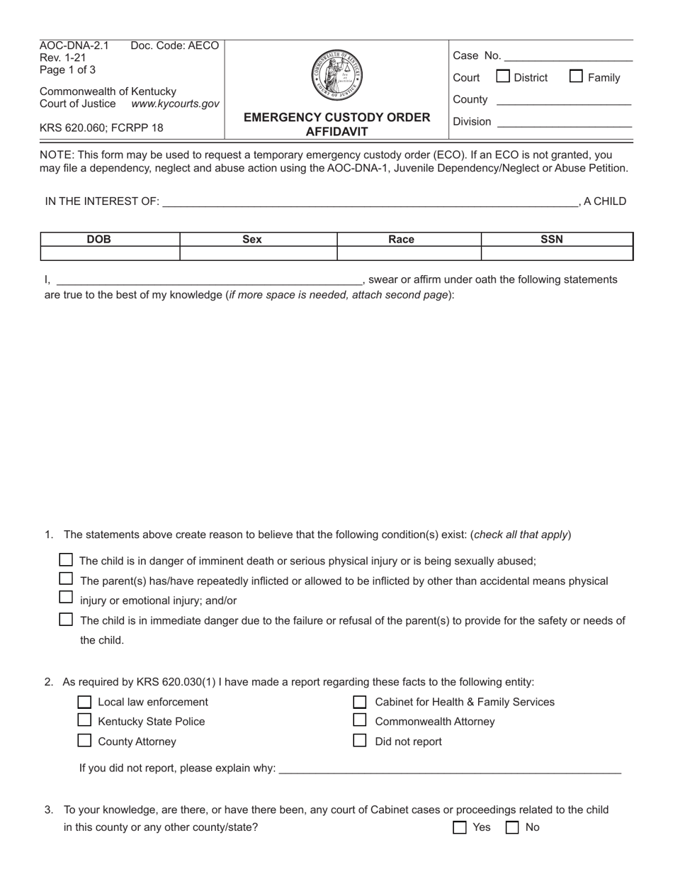 Form AOC-DNA-2.1 Emergency Custody Order Affidavit - Kentucky, Page 1