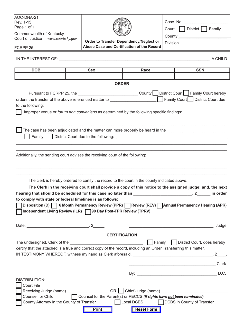 Form AOC-DNA-21 Order to Transfer Dependency / Neglect or Abuse Case and Certification of the Record - Kentucky, Page 1