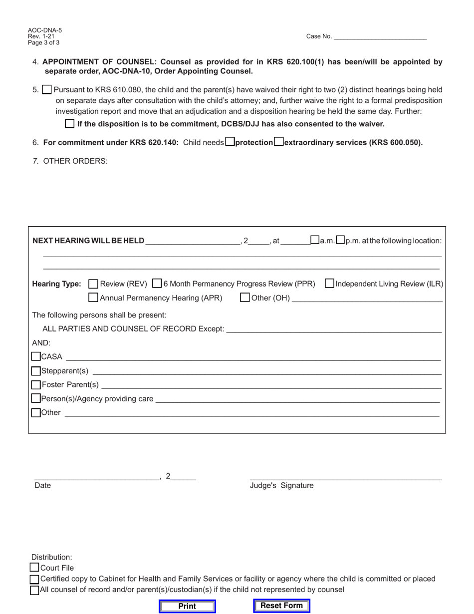 Form AOC-DNA-5 Order Disposition Hearing - Kentucky, Page 3