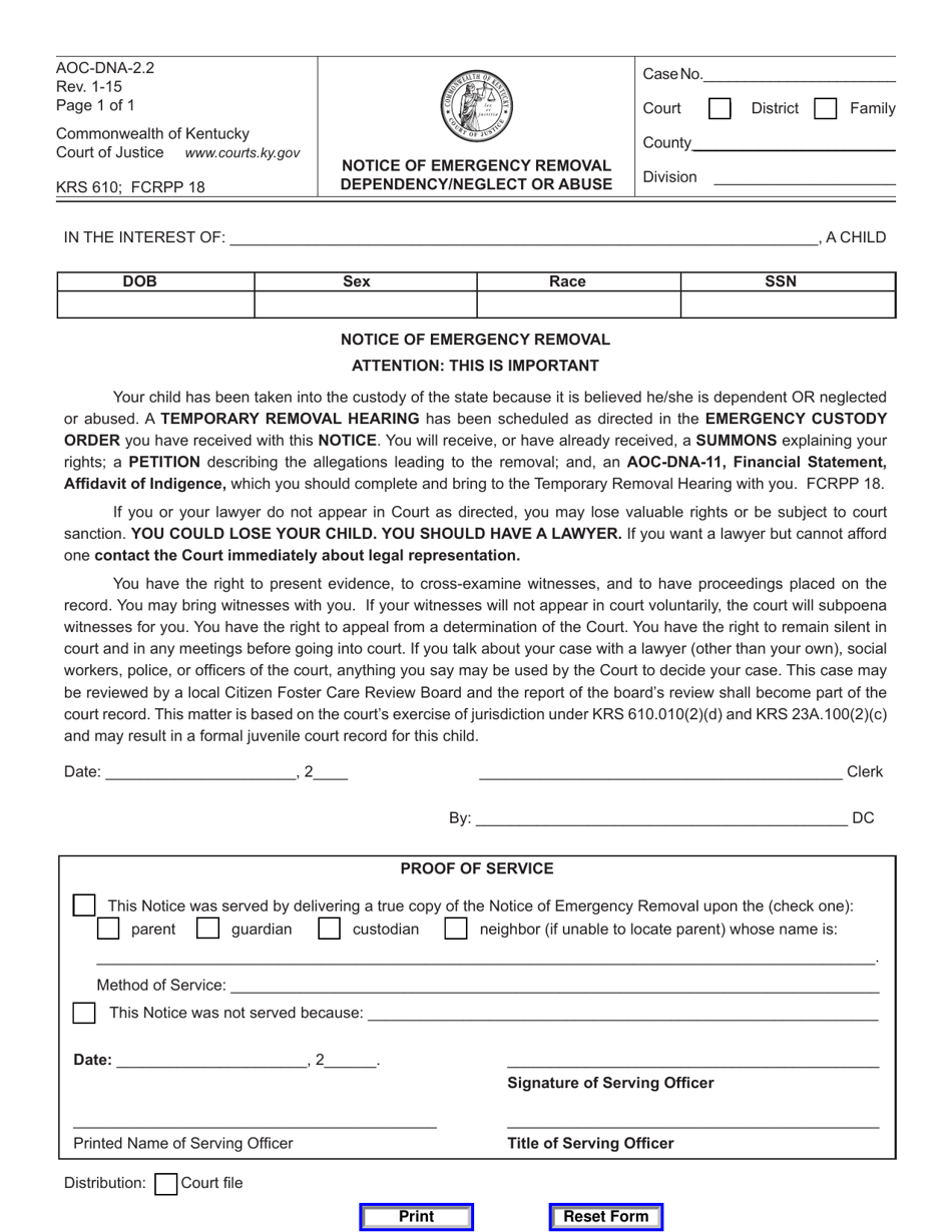 Form AOC-DNA-2.2 Notice of Emergency Removal Dependency / Neglect or Abuse - Kentucky, Page 1