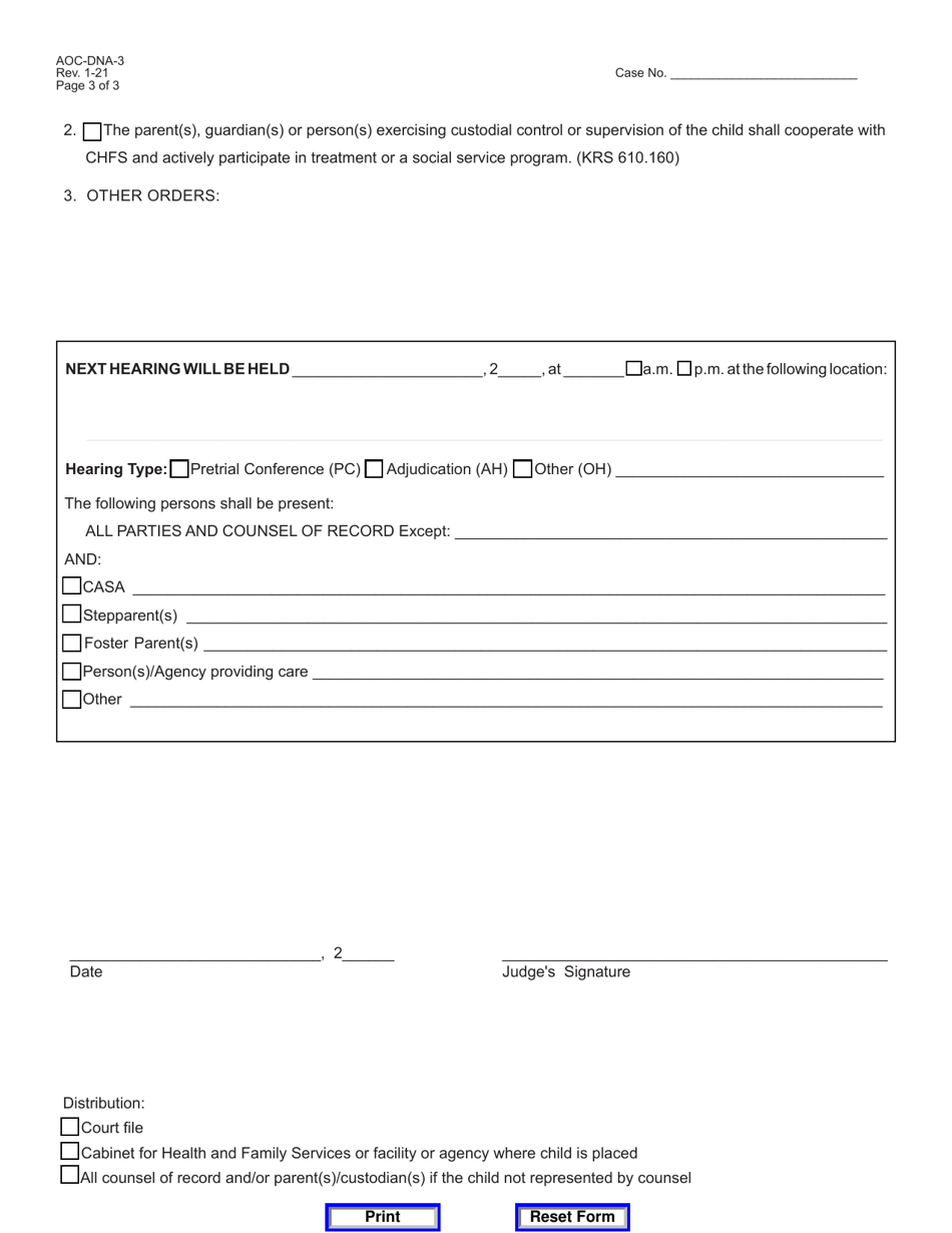 Form AOC-DNA-3 Order Temporary Removal Hearing - Kentucky, Page 3