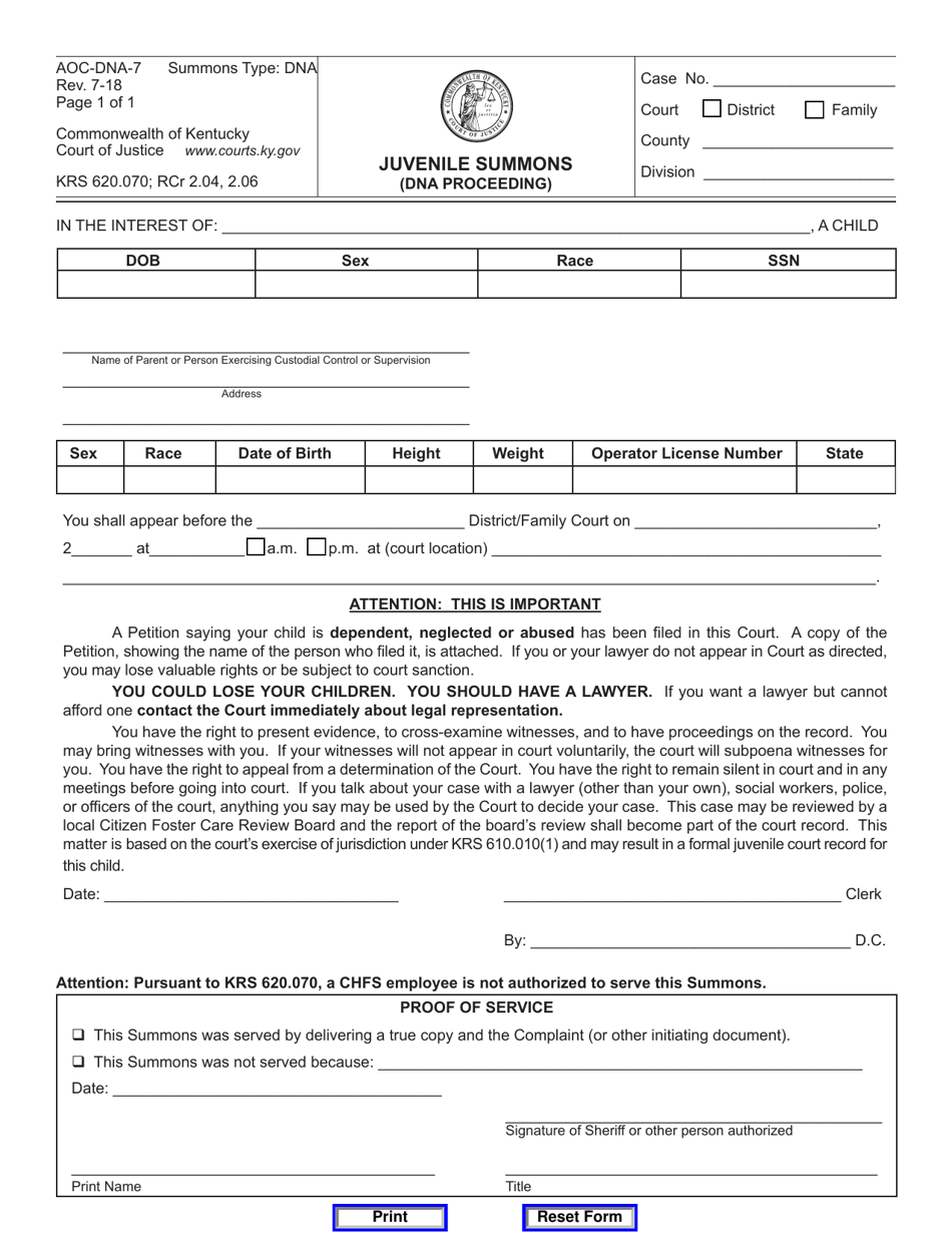 Form AOC-DNA-7 Juvenile Summons (Dna Proceeding) - Kentucky, Page 1