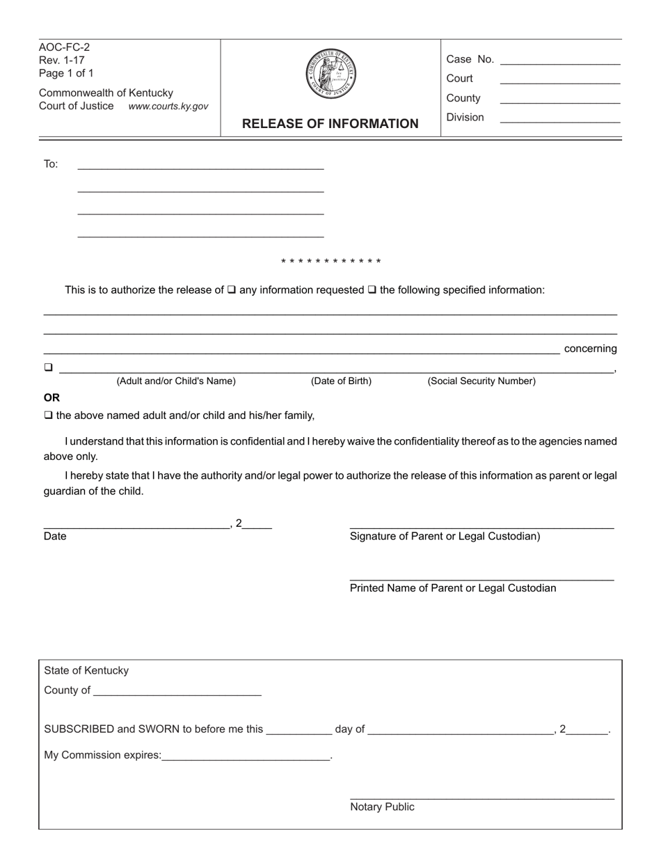 Form AOC-FC-2 Release of Information - Kentucky, Page 1
