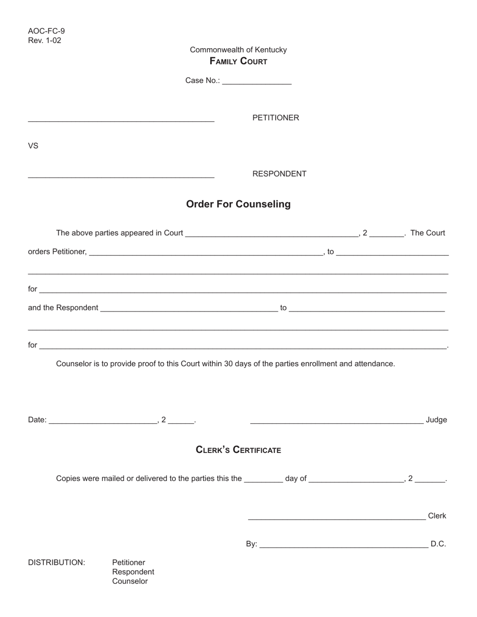 Form AOC-FC-9 Order for Counseling - Kentucky, Page 1