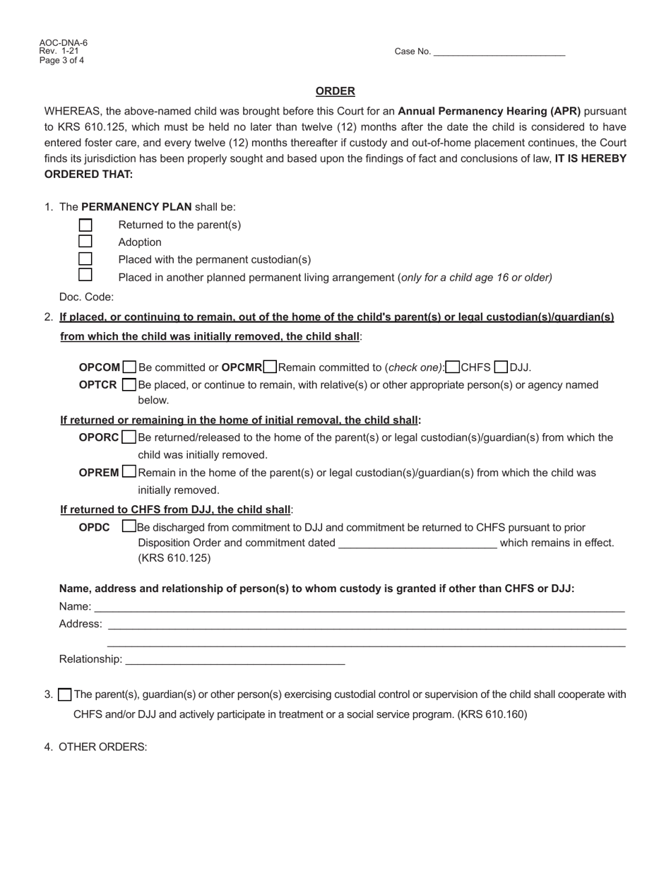 Form AOC-DNA-6 Order Permanency Hearing - Kentucky, Page 3