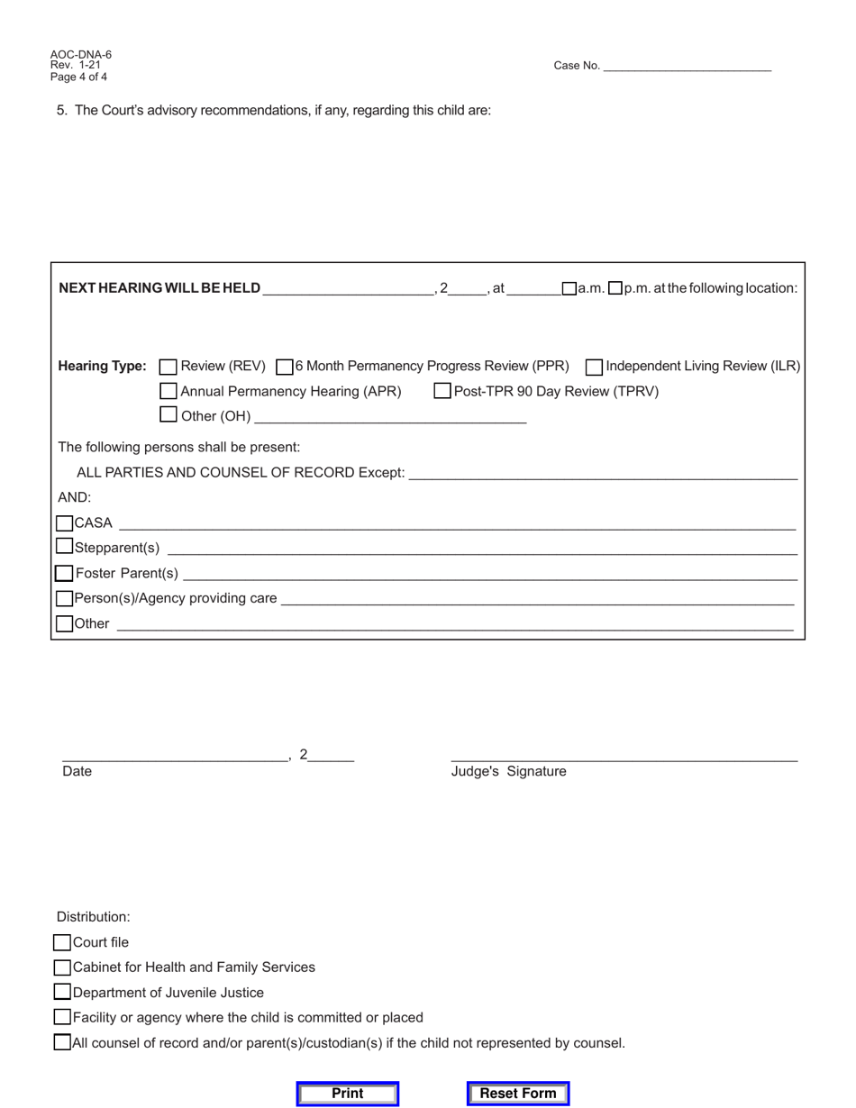 Form AOC-DNA-6 Order Permanency Hearing - Kentucky, Page 4