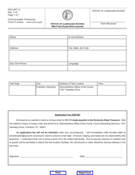 Document preview: Form AOC-INT-13 Office of Language Access Written Exam Application - Kentucky