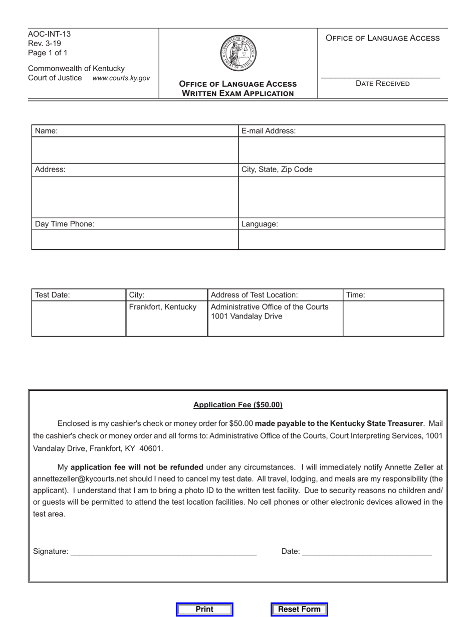 Form AOC-INT-13 Office of Language Access Written Exam Application - Kentucky, Page 1