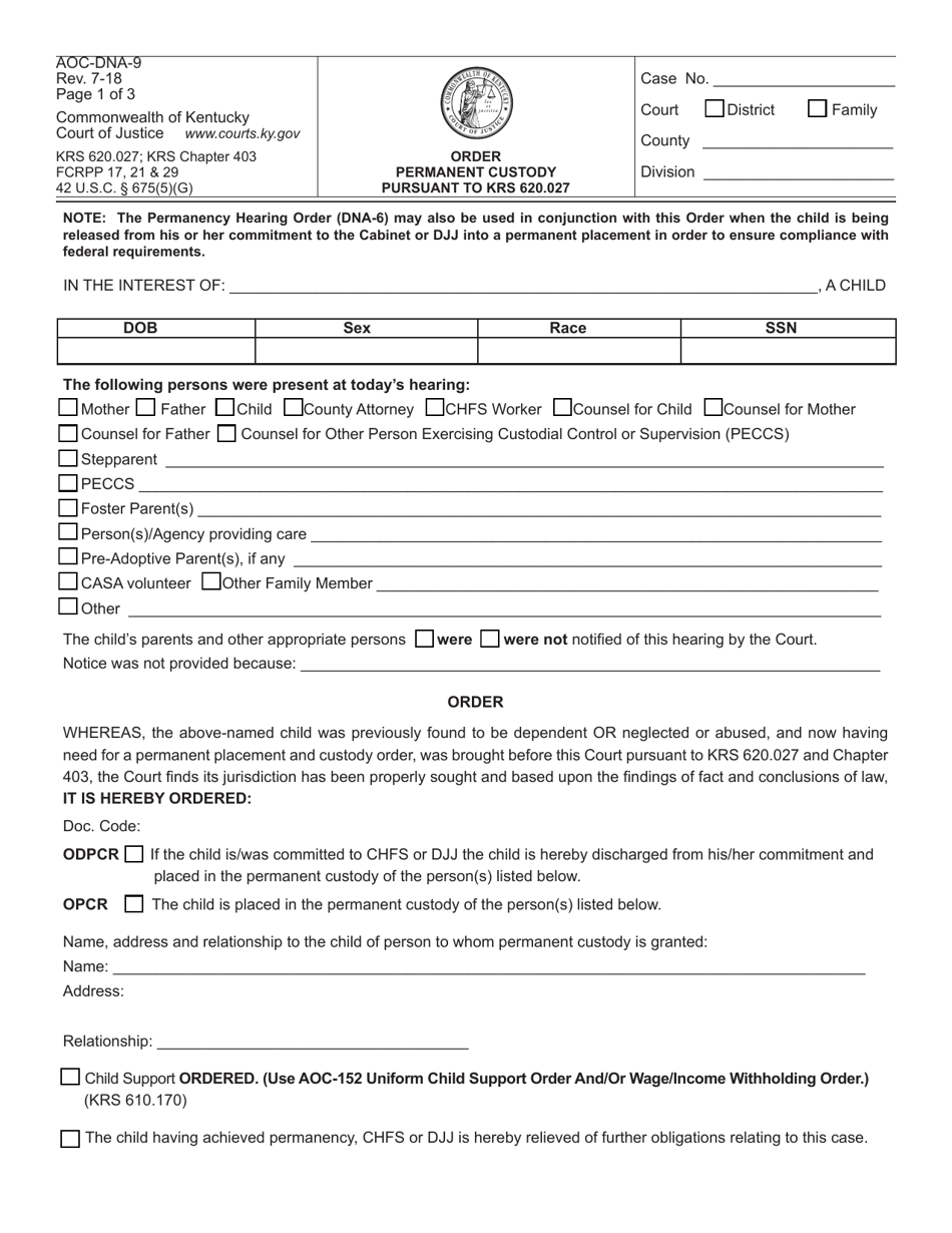 Form AOC-DNA-9 Order Permanent Custody Pursuant to Krs 620.027 - Kentucky, Page 1