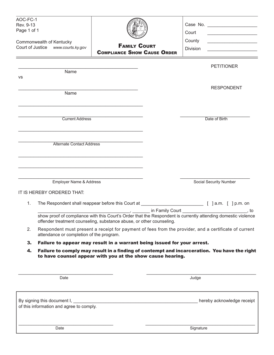 Form AOC-FC-1 Family Court Compliance Show Cause Order - Kentucky, Page 1