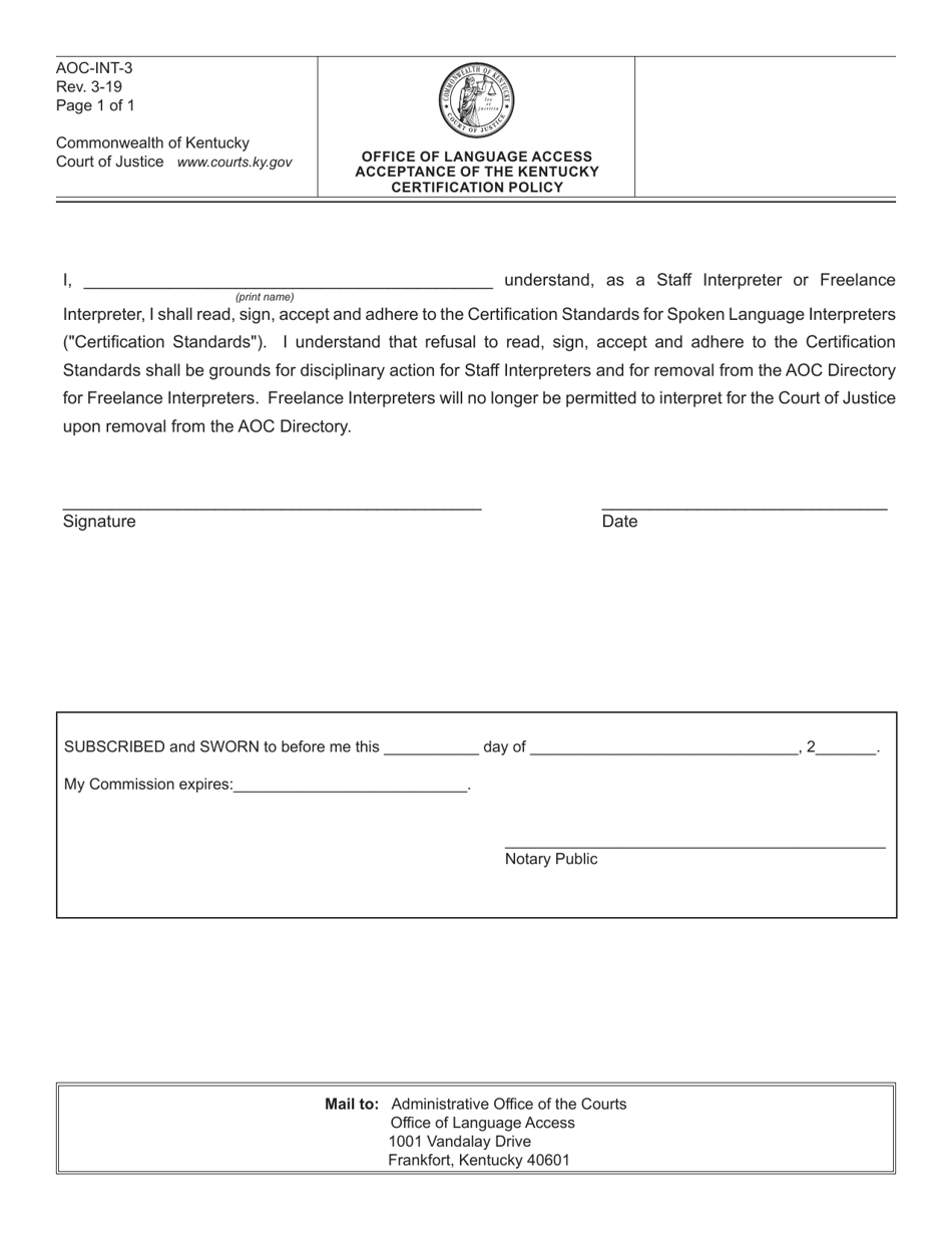 Form AOC-INT-3 Office of Language Access Acceptance of the Kentucky Certification Policy - Kentucky, Page 1