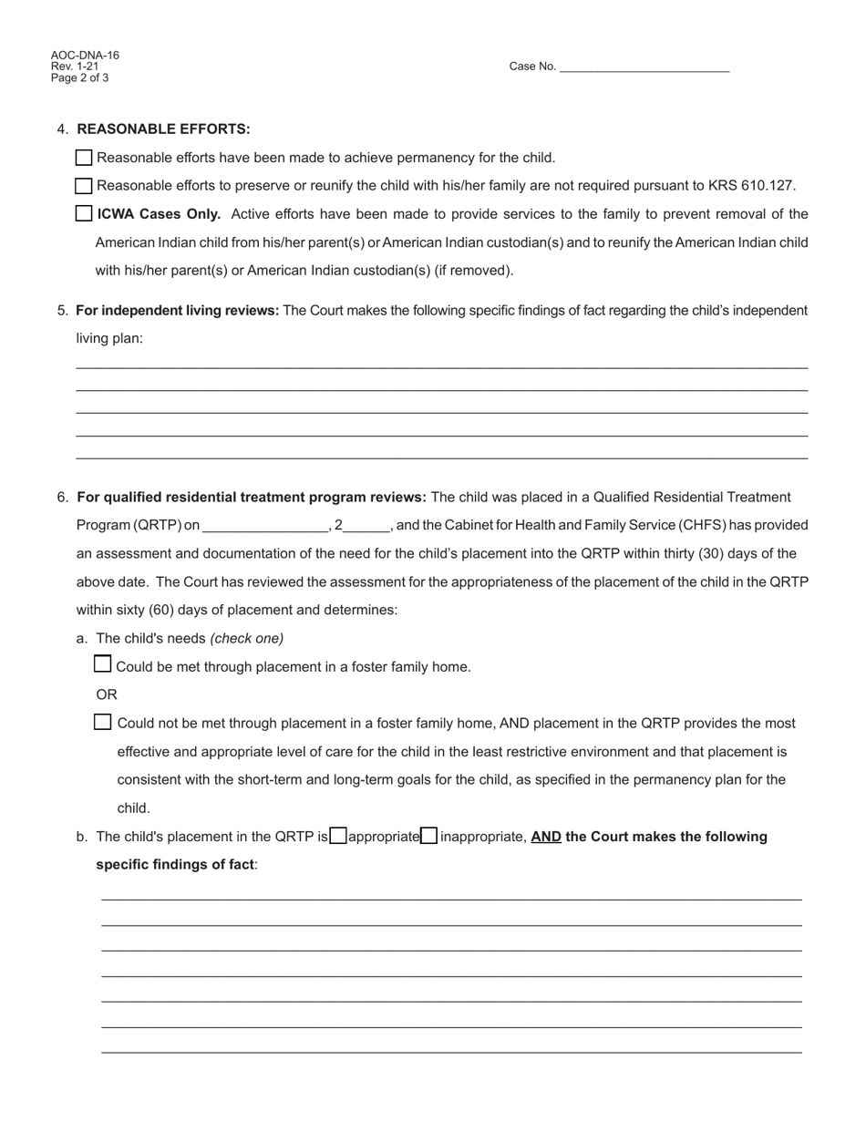 Form AOC-DNA-16 Order - Review-General (Rev) / Qrtp Review (Qrtp) / 6 Month Permanency Progress Review (Ppr) / Independent Living Review (Ilr) / Post-tpr 90 Day Review (Tprv) - Kentucky, Page 2