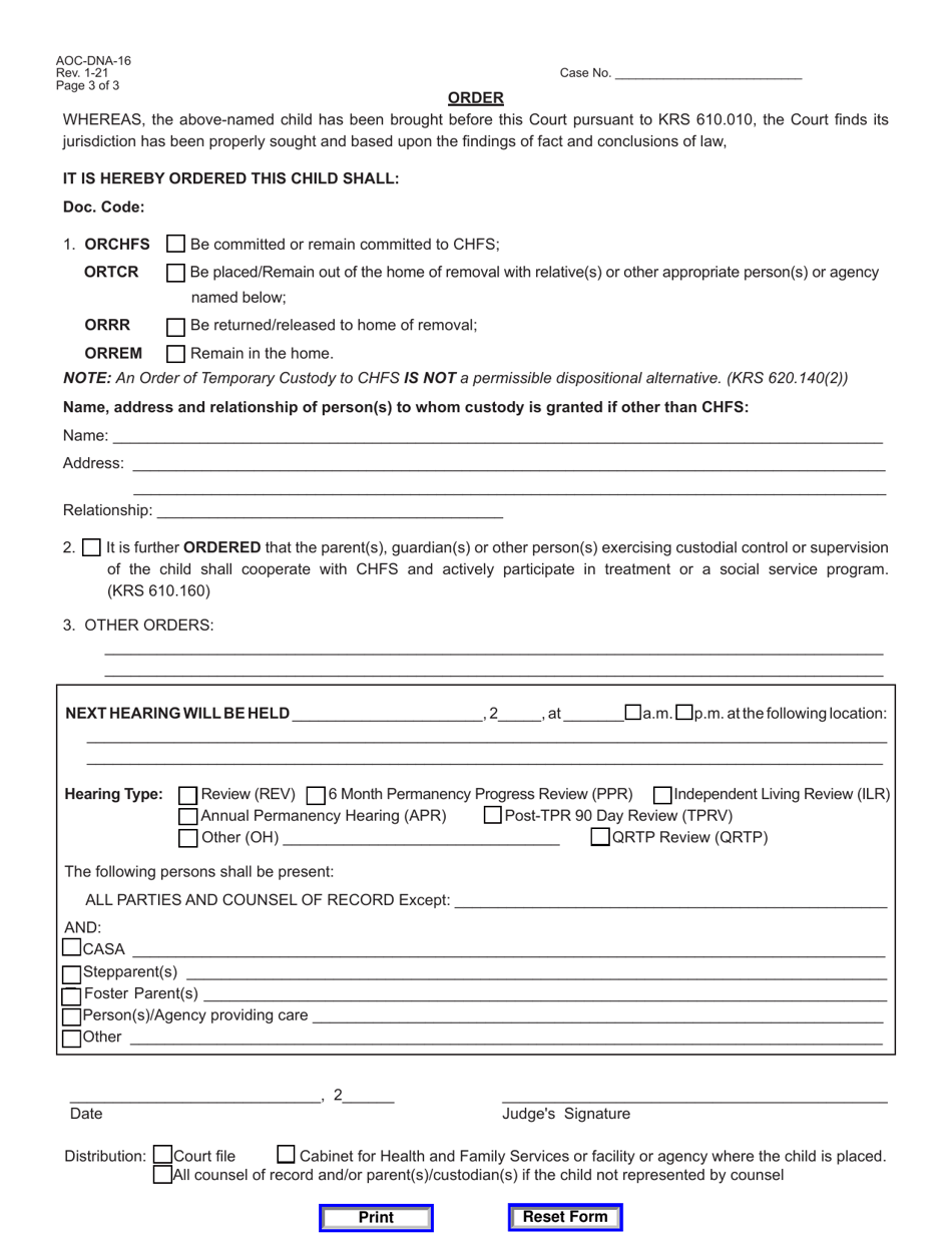 Form AOC-DNA-16 Order - Review-General (Rev) / Qrtp Review (Qrtp) / 6 Month Permanency Progress Review (Ppr) / Independent Living Review (Ilr) / Post-tpr 90 Day Review (Tprv) - Kentucky, Page 3