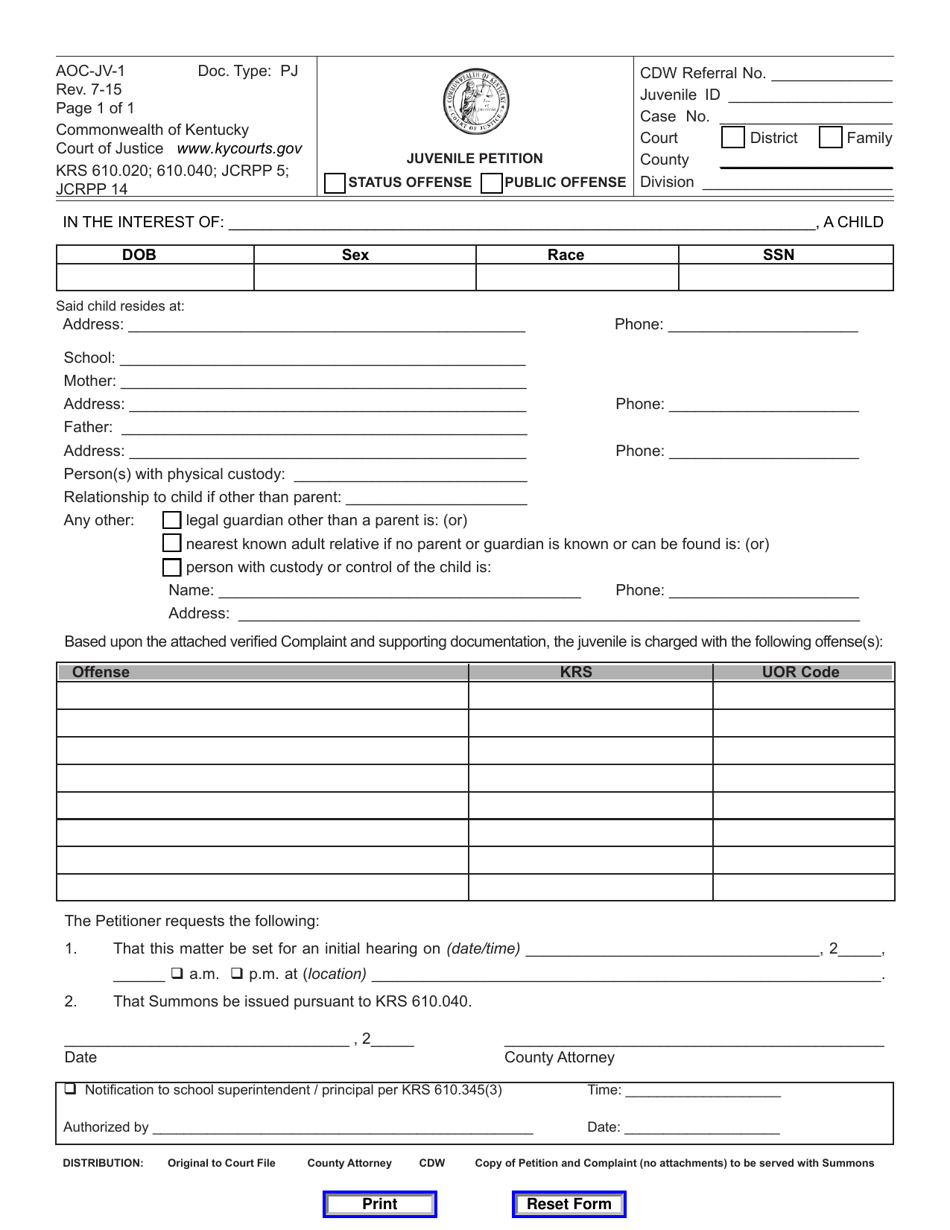 Form AOC-JV-1 Juvenile Petition Status Offense / Public Offense - Kentucky, Page 1