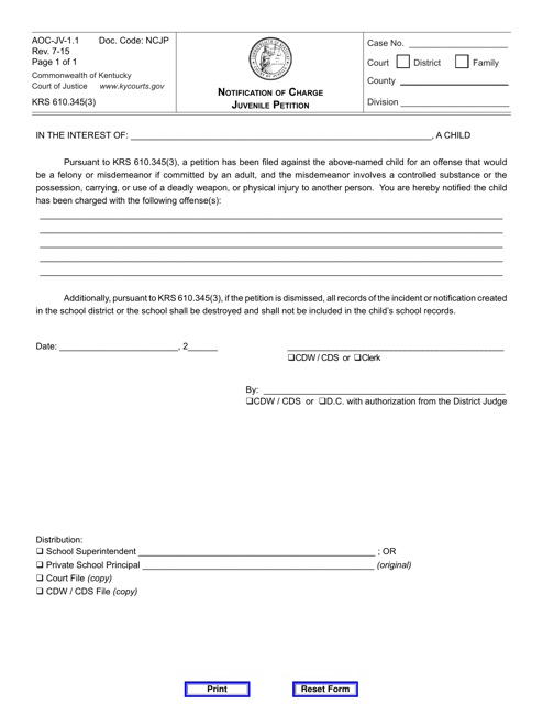 Form AOC-JV-1.1 Notification of Charge Juvenile Petition - Kentucky