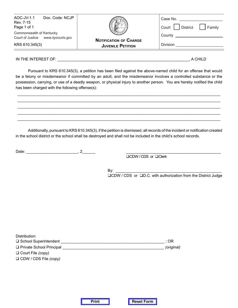 Form AOC-JV-1.1 Notification of Charge Juvenile Petition - Kentucky, Page 1