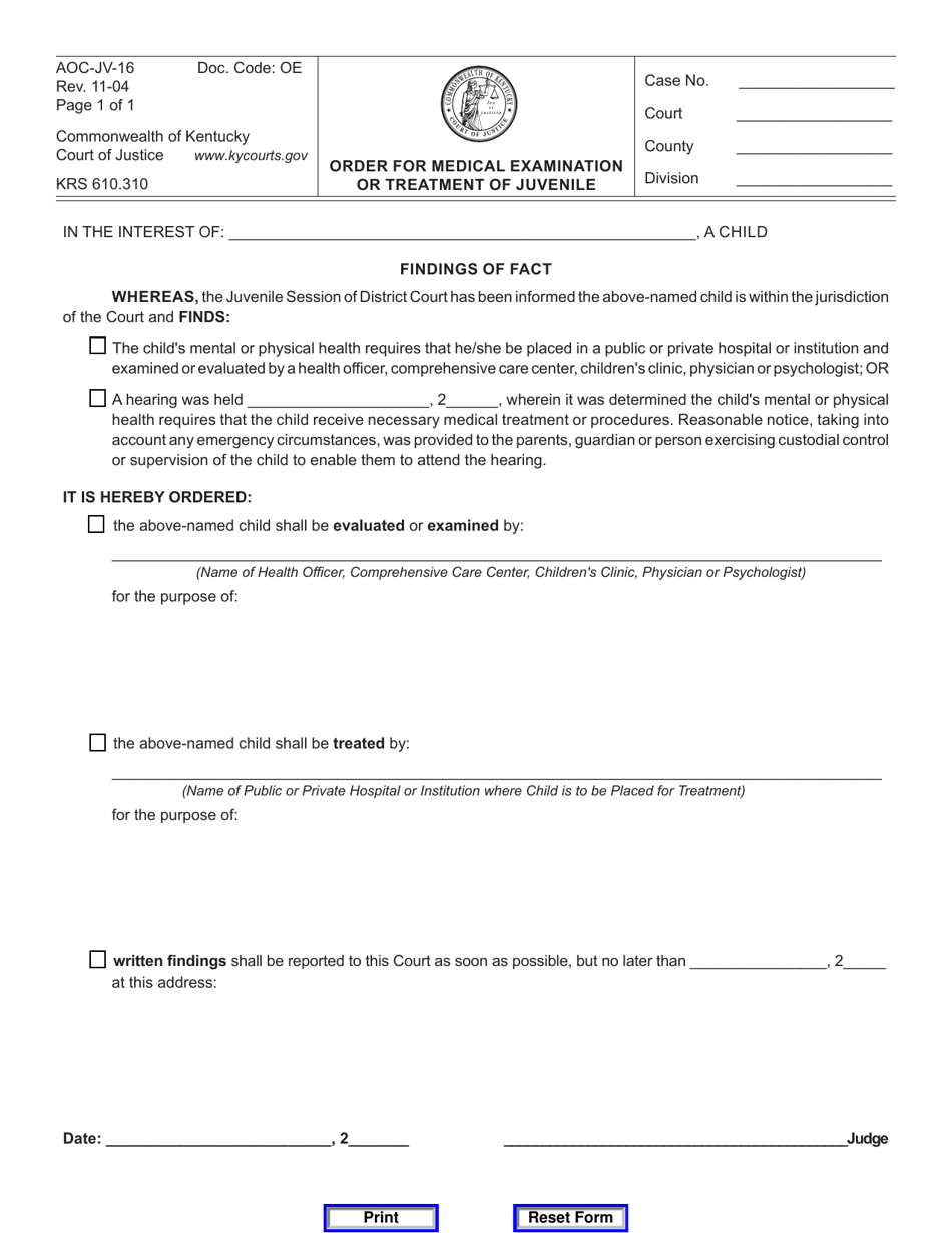 Form AOC-JV-16 Order for Medical Examination or Treatment of Juvenile - Kentucky, Page 1