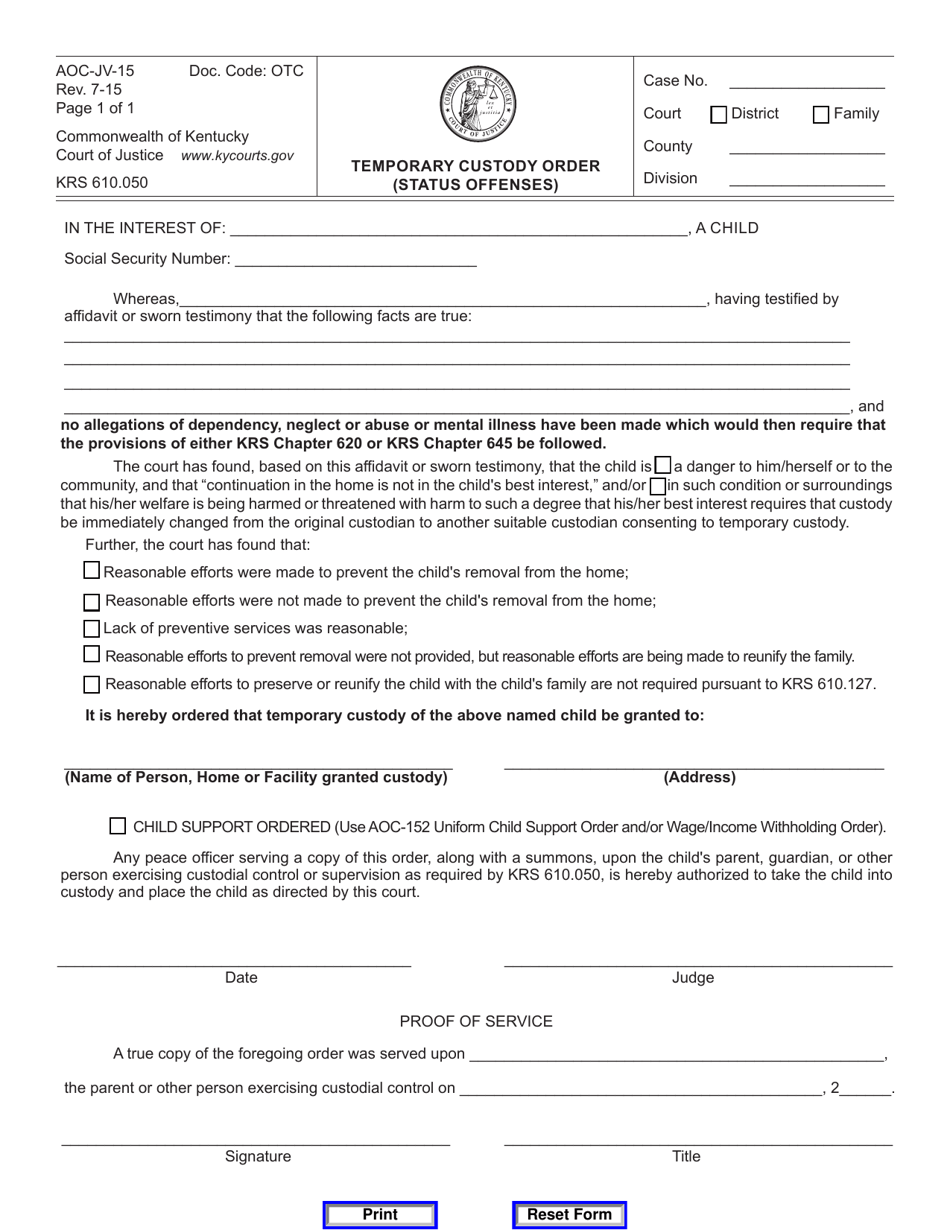 Form AOC-JV-15 Temporary Custody Order (Status Offenses) - Kentucky, Page 1