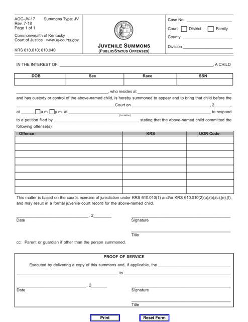 Form AOC-JV-17 Juvenile Summons (Public/Status Offenses) - Kentucky