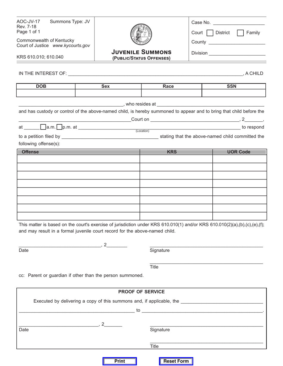 Form AOC-JV-17 Juvenile Summons (Public / Status Offenses) - Kentucky, Page 1
