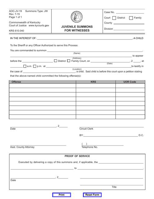 Form AOC-JV-19 Juvenile Summons for Witnesses - Kentucky
