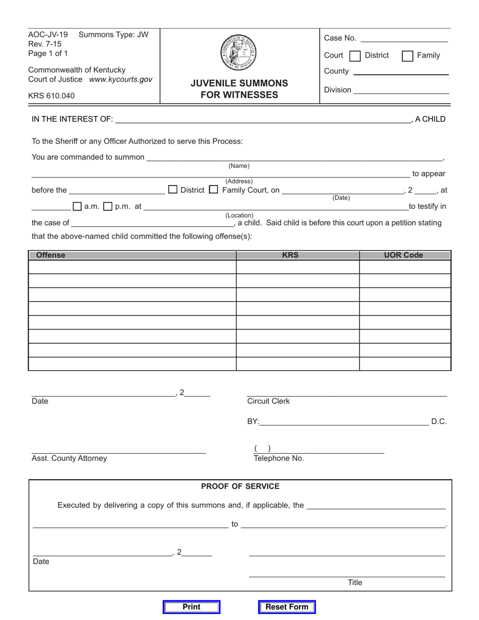 Form AOC-JV-19 Juvenile Summons for Witnesses - Kentucky, Page 1