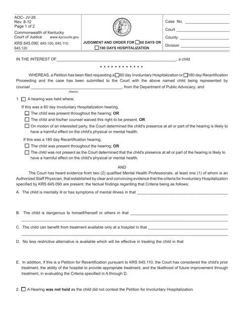 Form AOC-JV-26 Judgment and Order for 60 Days or 180 Days Hospitalization - Kentucky