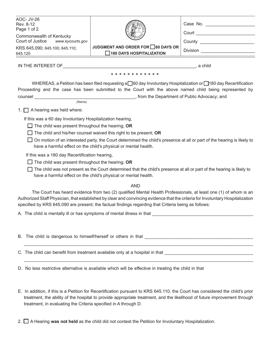 Form AOC-JV-26 Judgment and Order for 60 Days or 180 Days Hospitalization - Kentucky, Page 1