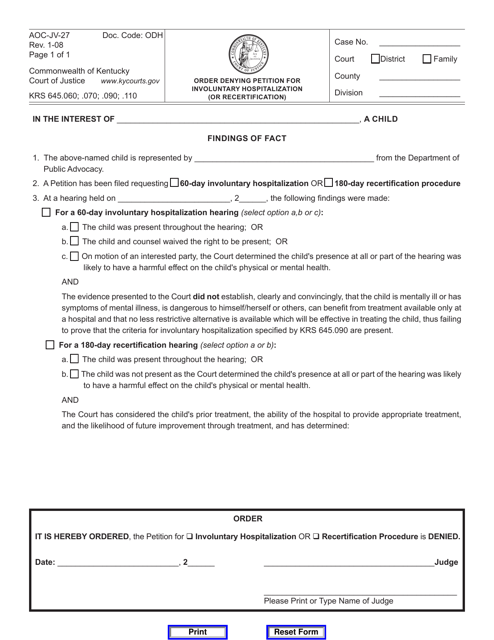 Form AOC-JV-27 Order Denying Petition for Involuntary Hospitalization (Or Recertification) - Kentucky