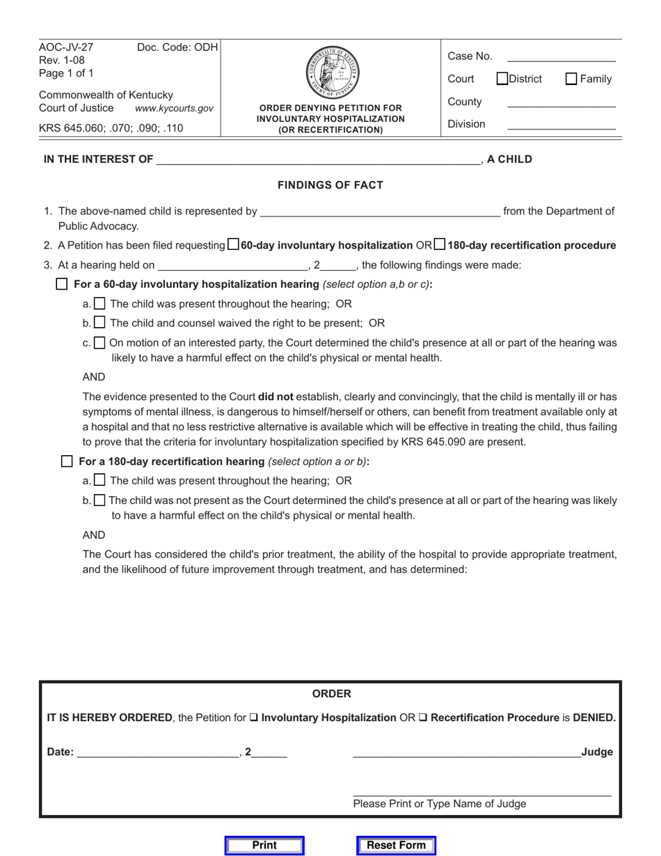 Form AOC-JV-27 Order Denying Petition for Involuntary Hospitalization (Or Recertification) - Kentucky, Page 1
