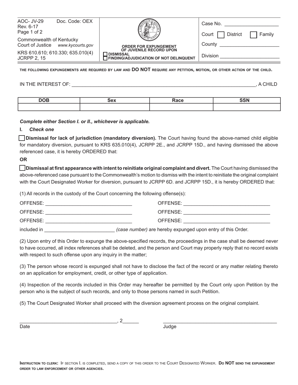 Form AOC JV 29 Fill Out Sign Online and Download Fillable PDF