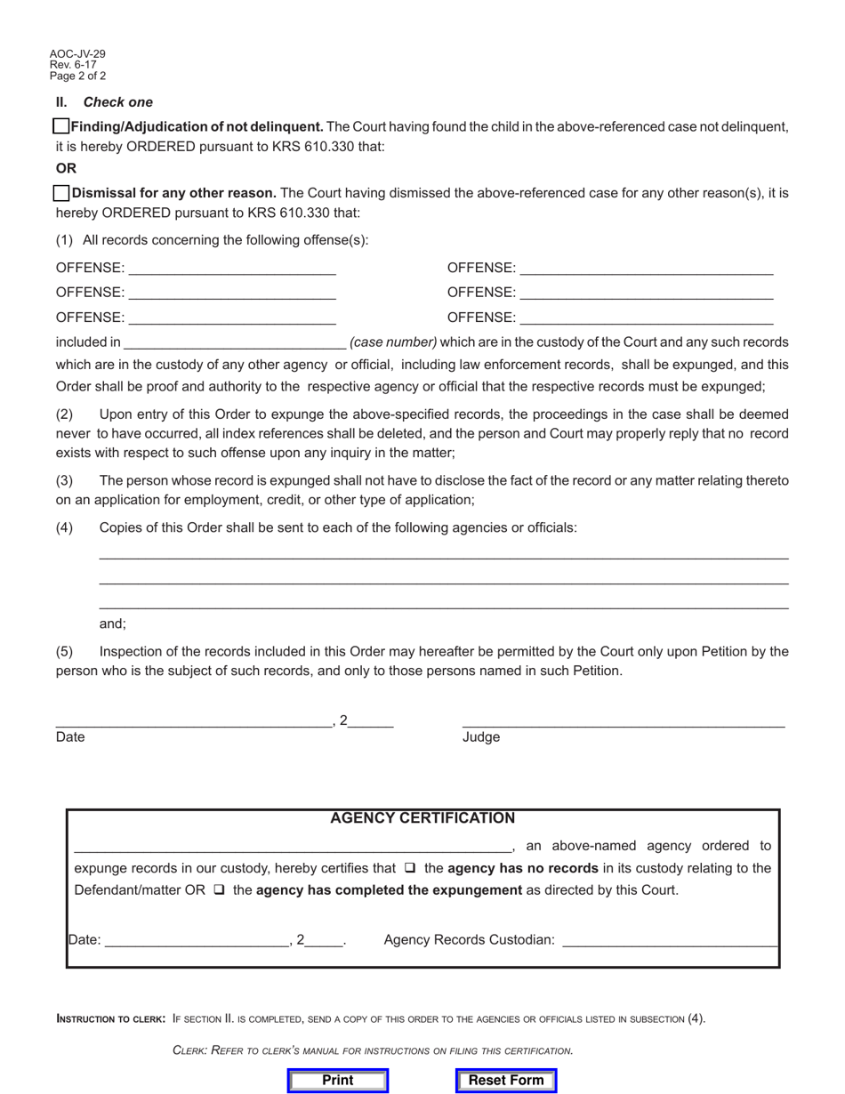Form AOC-JV-29 Order for Expungement of Juvenile Record Upon Dismissal / Finding / Adjudication of Not Delinquent - Kentucky, Page 2