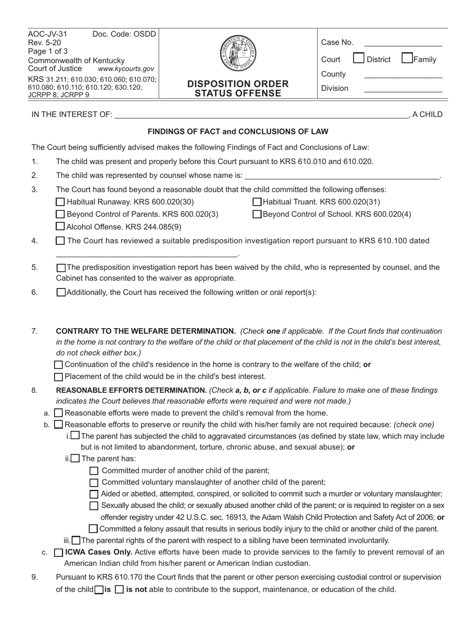 Form AOC-JV-31 Disposition Order Status Offense - Kentucky, Page 1