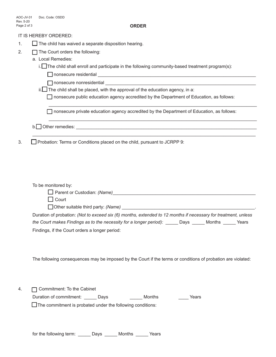 Form AOC-JV-31 Disposition Order Status Offense - Kentucky, Page 2
