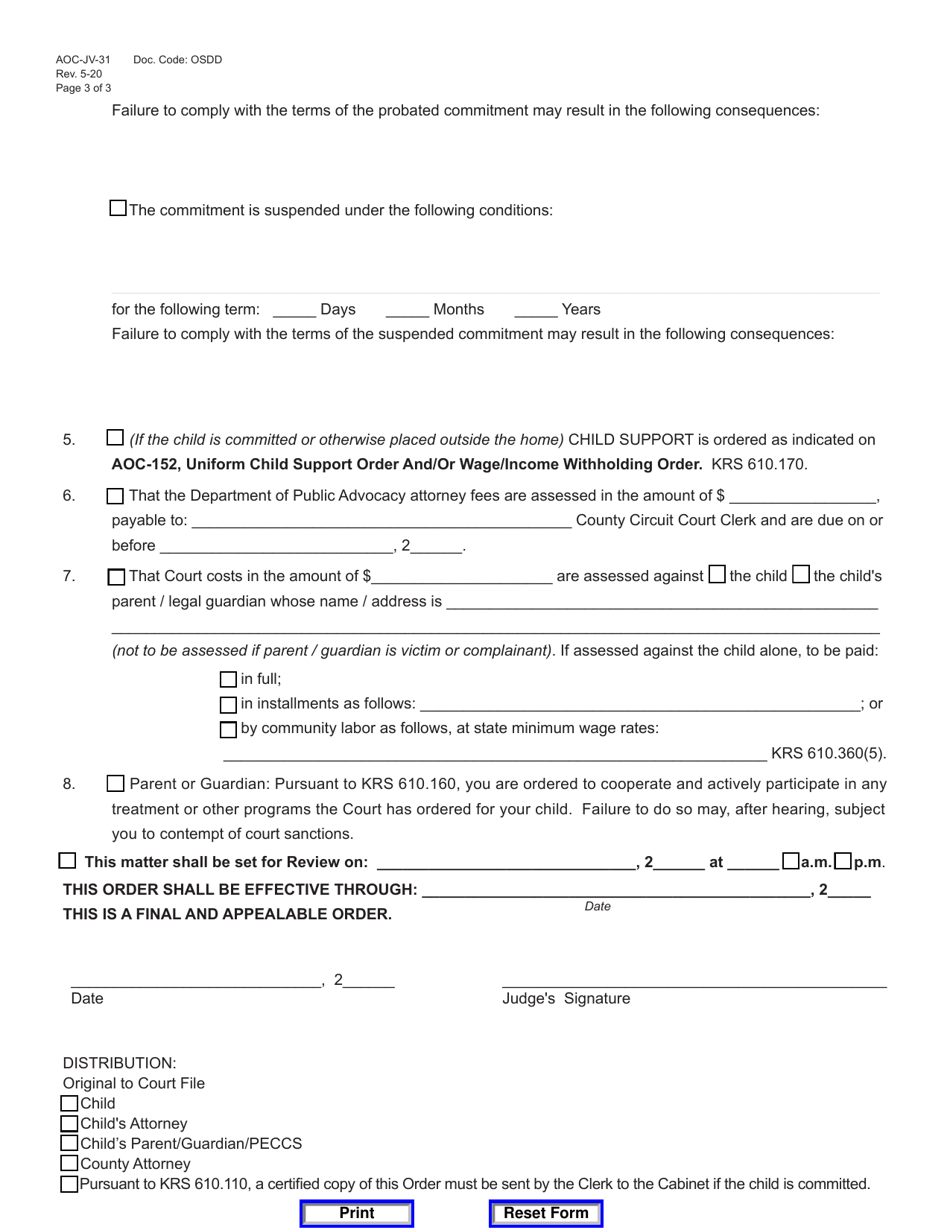Form AOC-JV-31 Disposition Order Status Offense - Kentucky, Page 3
