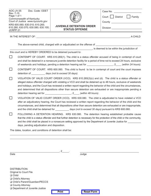 Form AOC-JV-35 Juvenile Detention Order Status Offense - Kentucky
