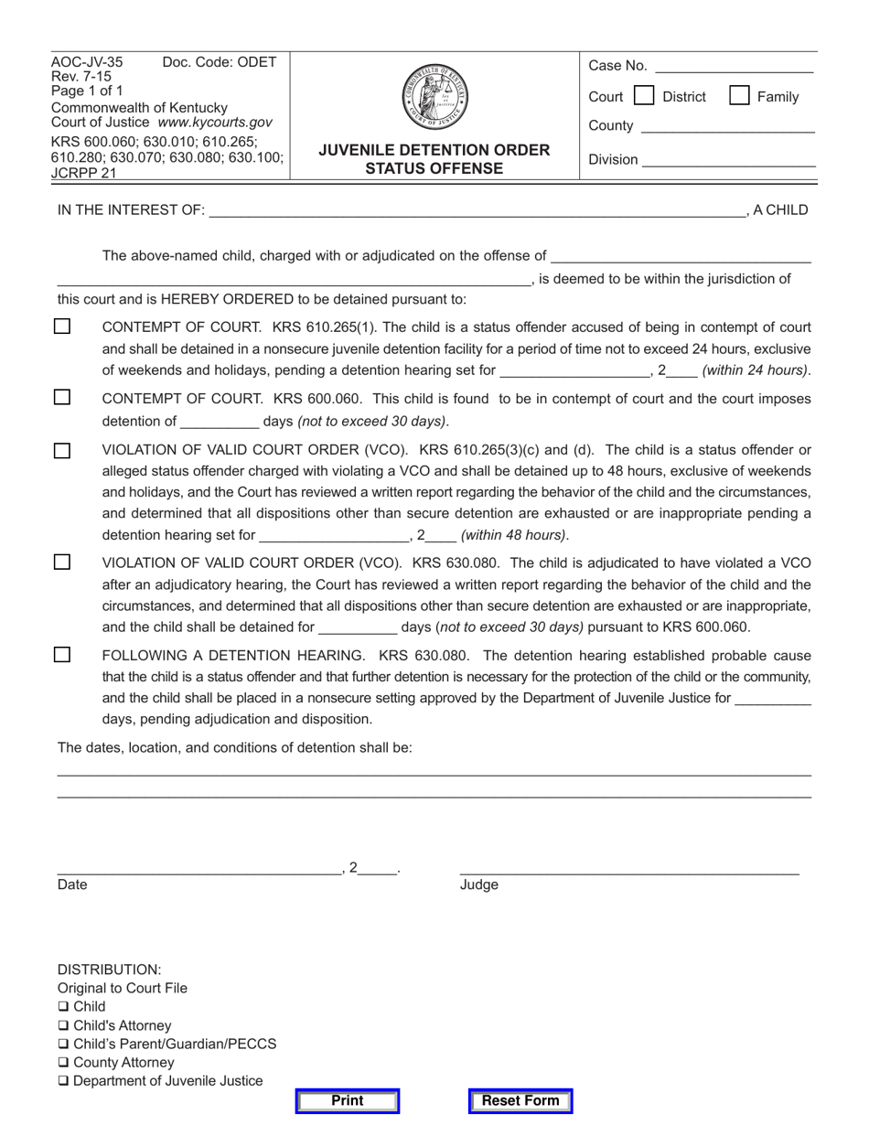 Form AOC-JV-35 Juvenile Detention Order Status Offense - Kentucky, Page 1