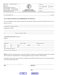 Document preview: Form AOC-JV-32 Order to Take Juvenile Into Custody - Kentucky