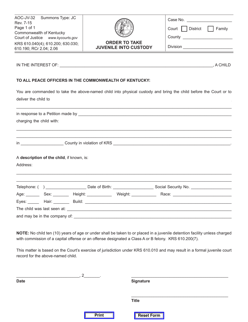 Form AOC-JV-32 Order to Take Juvenile Into Custody - Kentucky, Page 1