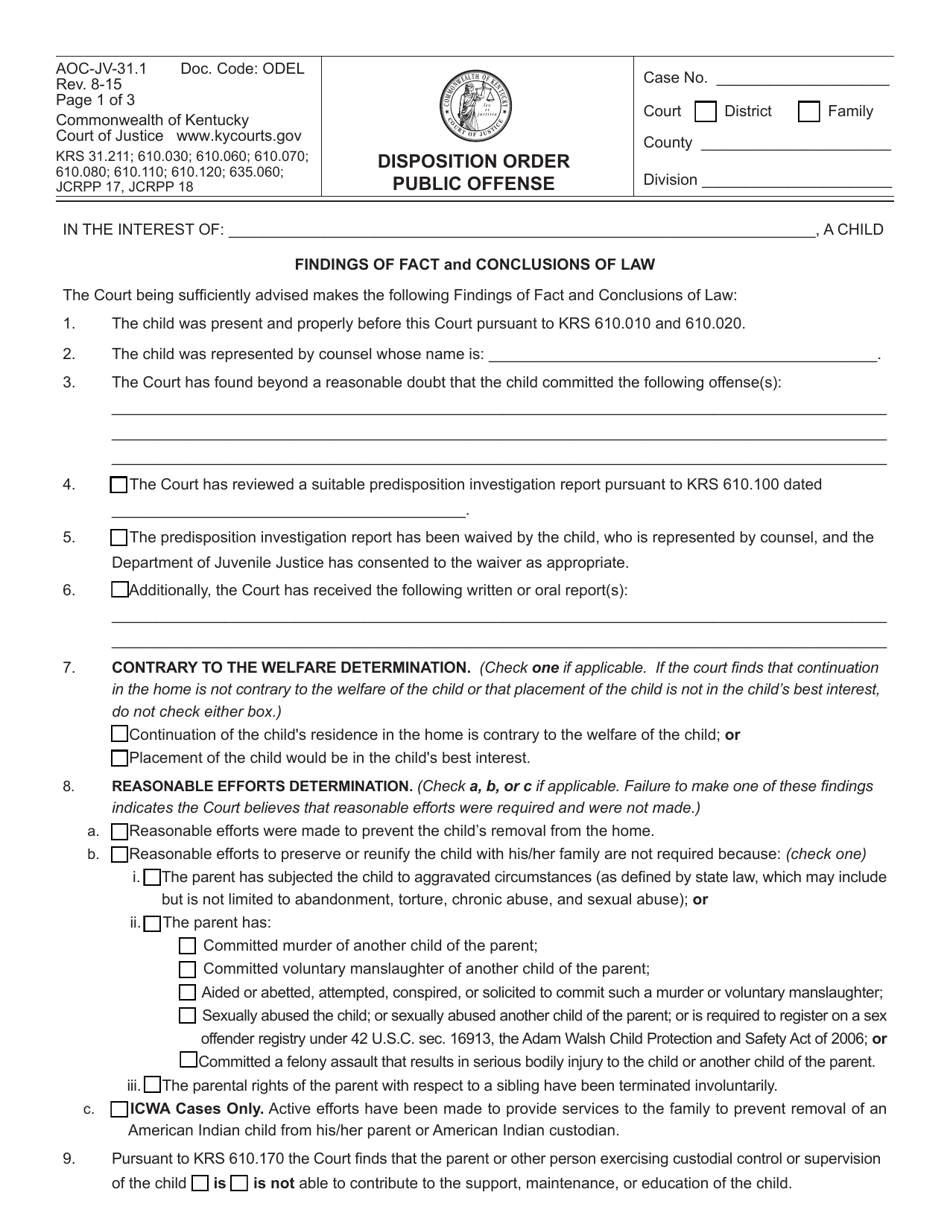 Form AOC-JV-31.1 Disposition Order Public Offense - Kentucky, Page 1