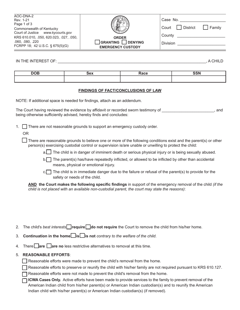 Form AOC-DNA-2 Order/Granting/Denying Emergency Custody - Kentucky, Page 1