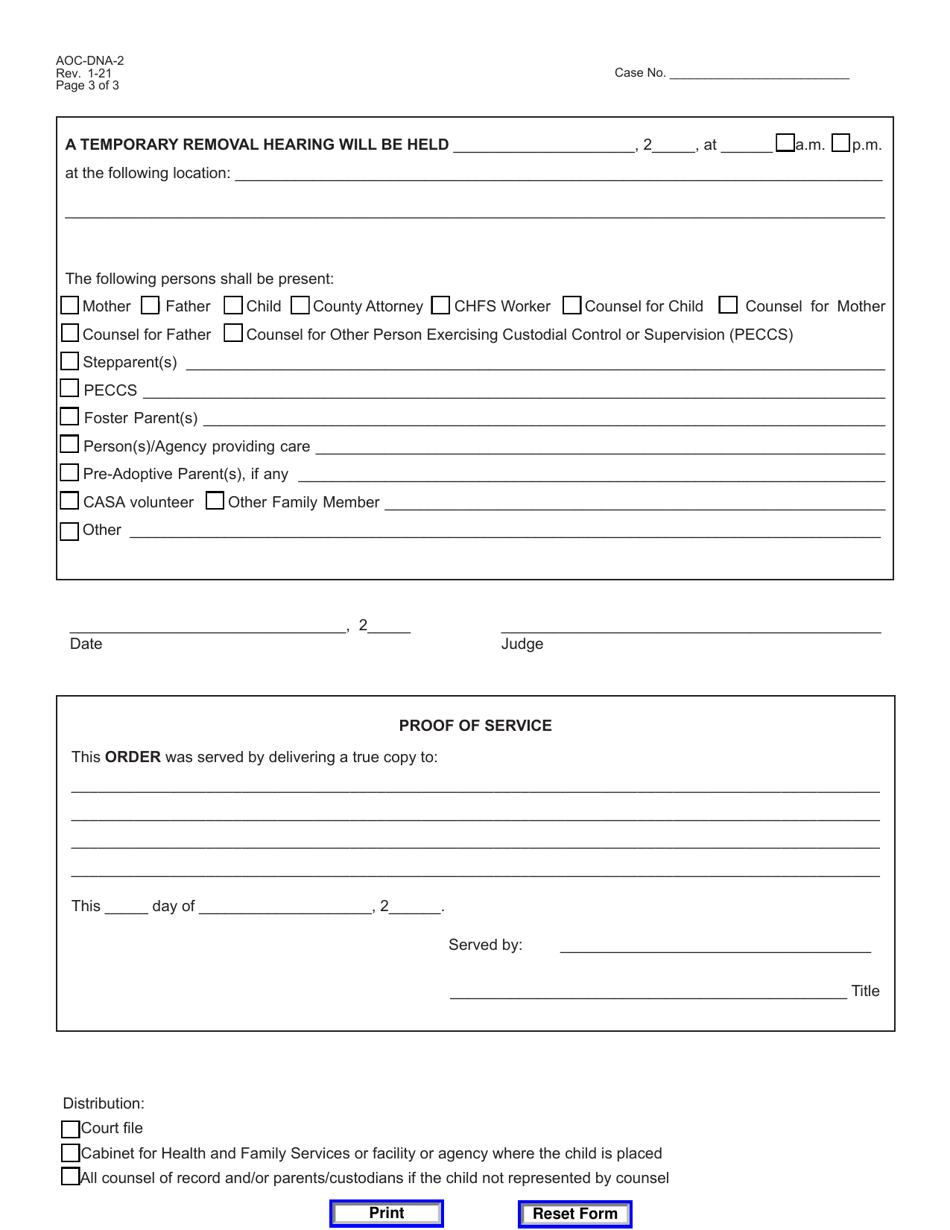 Form AOC-DNA-2 Order / Granting / Denying Emergency Custody - Kentucky, Page 3