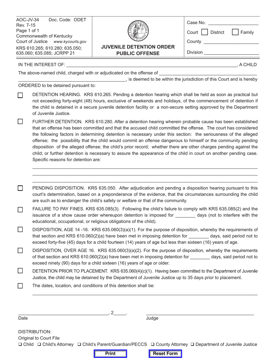 Form AOC-JV-34 Juvenile Detention Order Public Offense - Kentucky, Page 1