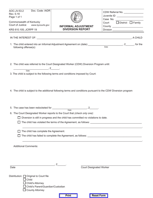 Form AOC-JV-53.2 Informal Adjustment Diversion Report - Kentucky