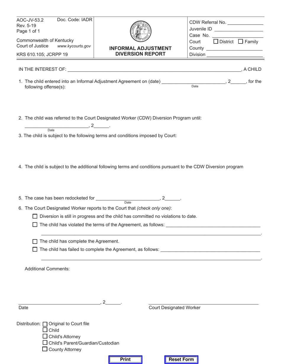 Form AOC-JV-53.2 Informal Adjustment Diversion Report - Kentucky, Page 1