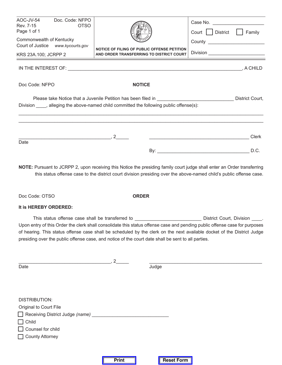 Form AOC-JV-54 Notice of Filing of Public Offense Petition and Order Transferring to District Court - Kentucky, Page 1