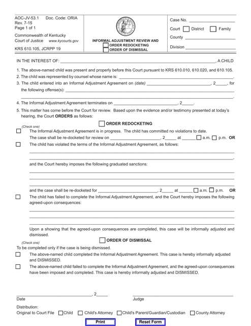 Form AOC-JV-53.1 Informal Adjustment Review and Order Redocketing/Order of Dismissal - Kentucky