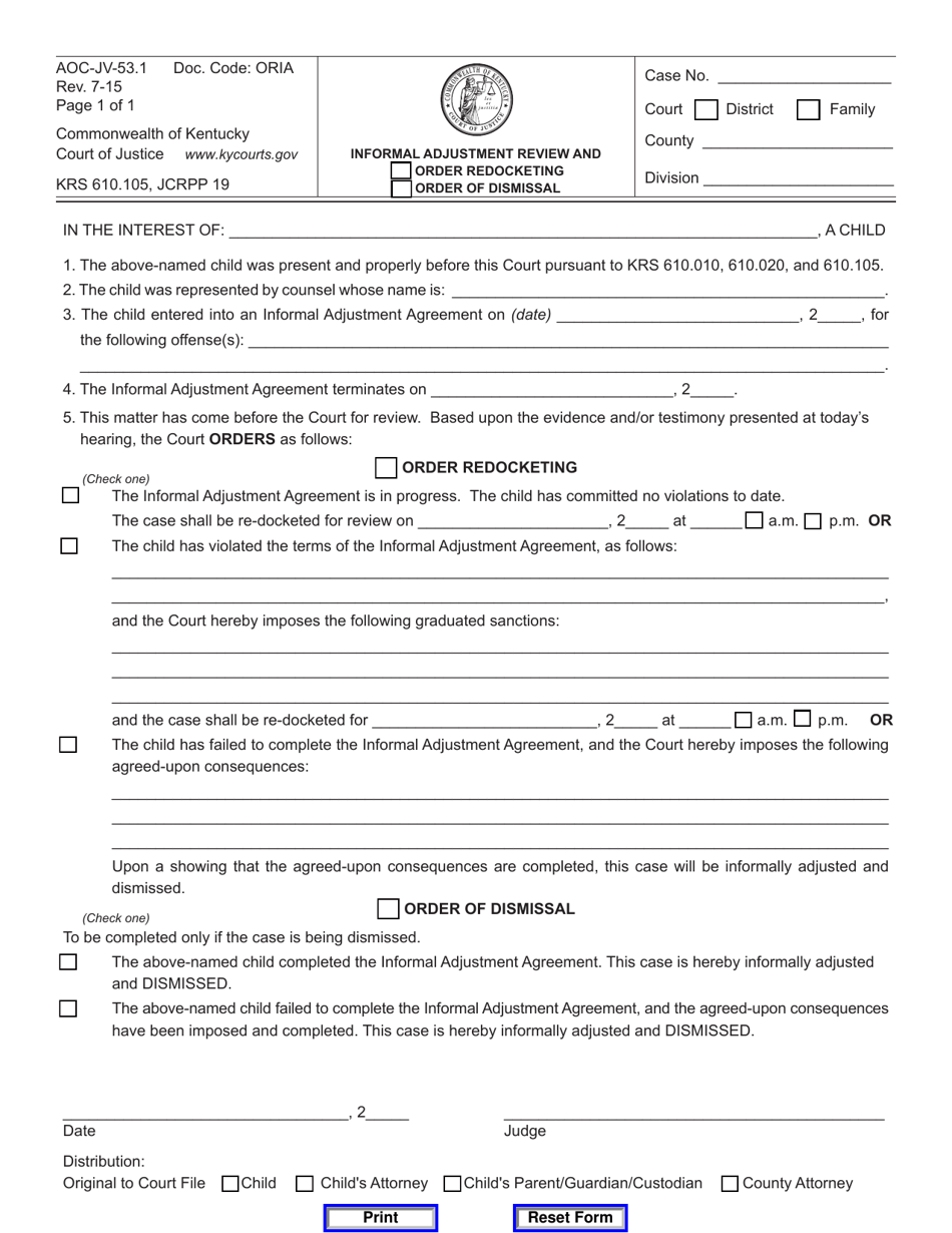 Form AOC-JV-53.1 Informal Adjustment Review and Order Redocketing / Order of Dismissal - Kentucky, Page 1