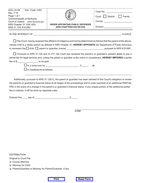 Form AOC-JV-48 Order Appointing Public Defender (Krs Chapters 630 or 635) - Kentucky